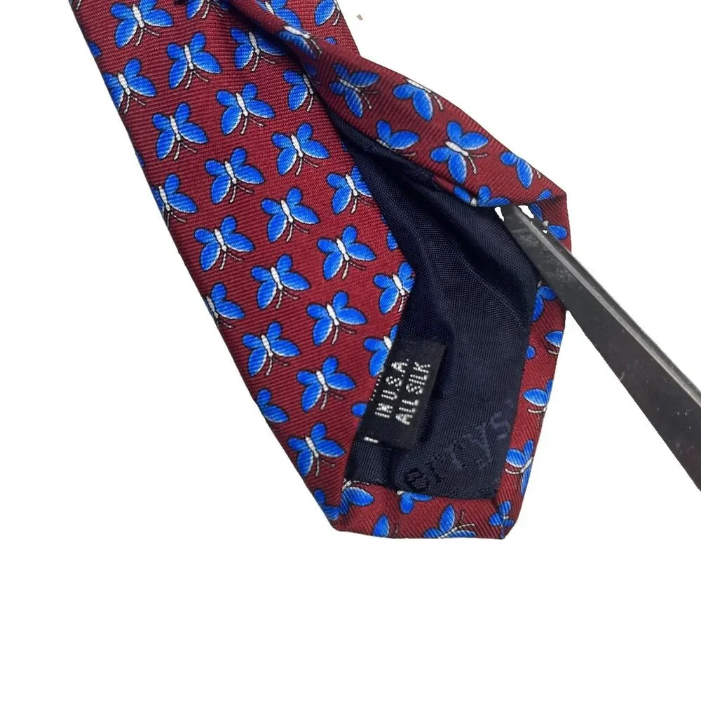 Vintage NWOT Burberrys Tie Mens Burgundy Blue Butterfly Pattern 100% Silk